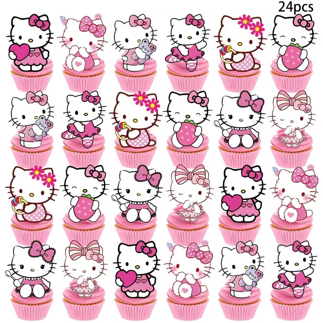 25Pcs Kitty Cake Decorations with 24pcs Cupcake Toppers, 1pcs Happy Birthday Cake Topper, Cartoon Themed Party Supplies, Perfect for Birthday Party