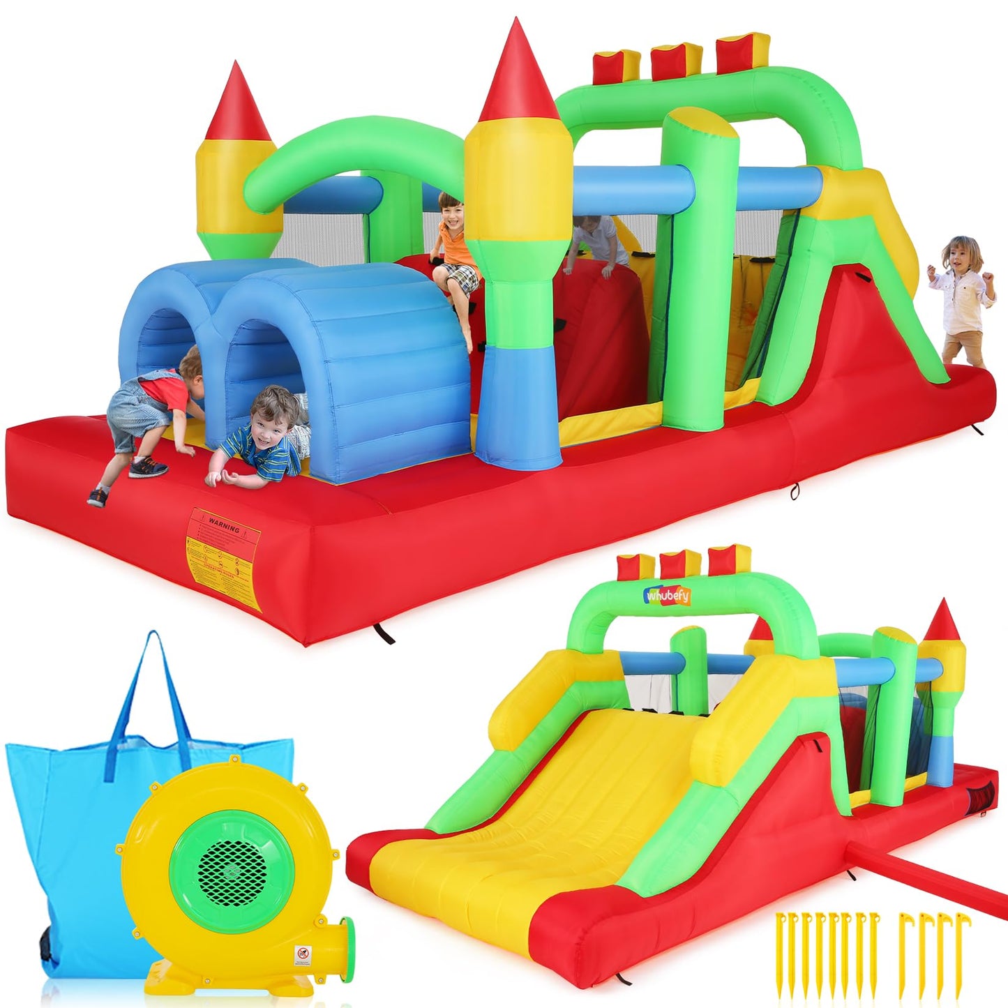 Whubefy 18x8.2FT Giant Inflatable Bounce House Obstacle Course for Big Kids 3-6 8-12 with Extra Large Slide, Racing Crawl Tunnels, Blow Up Race Track