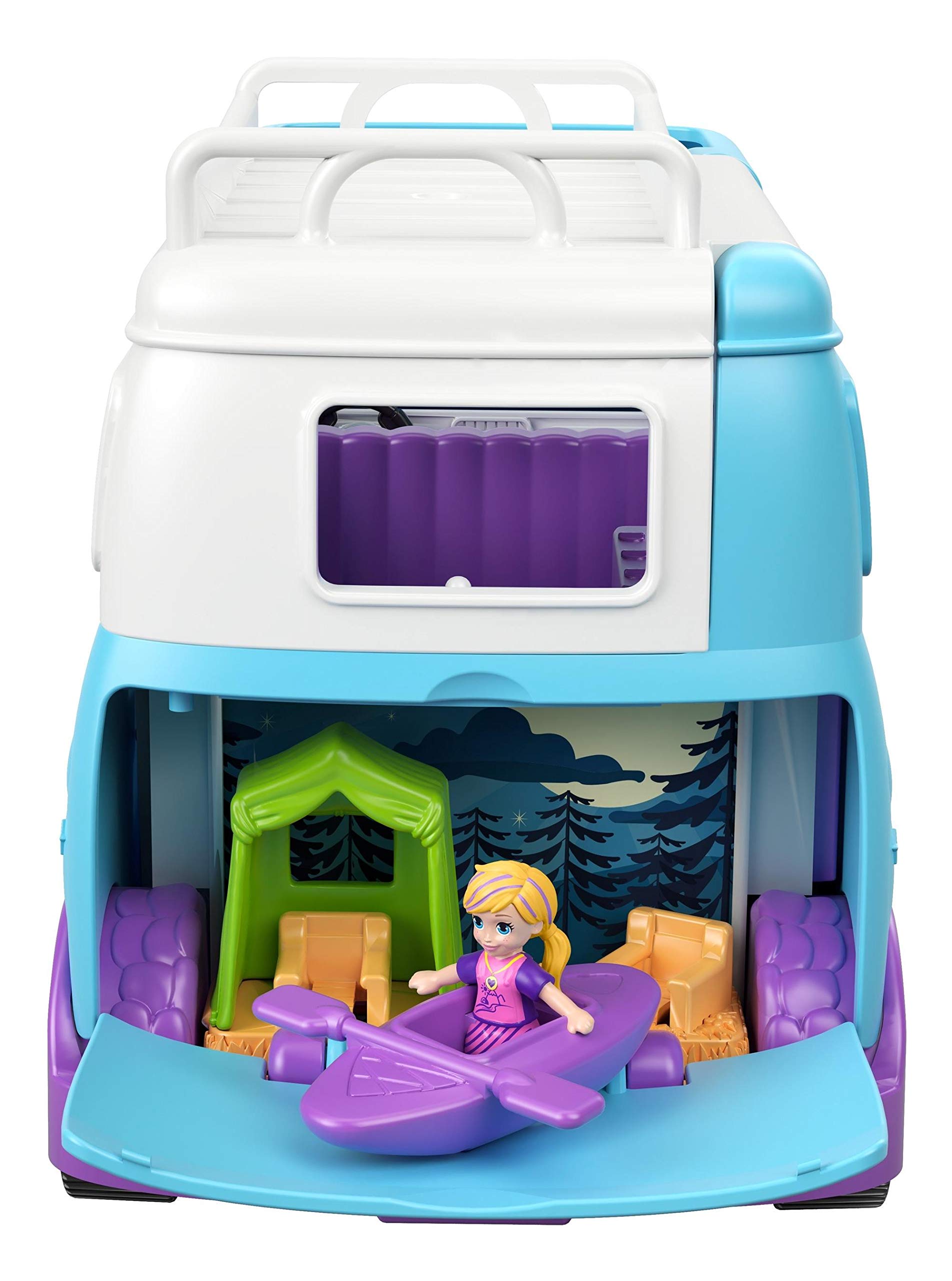Polly Pocket Glamping Van with Dual Camping for 3-inch Polly Doll & Micro Polly Doll; Van Opens to Living Area & Trunk Opens to Micro Living Area Plus