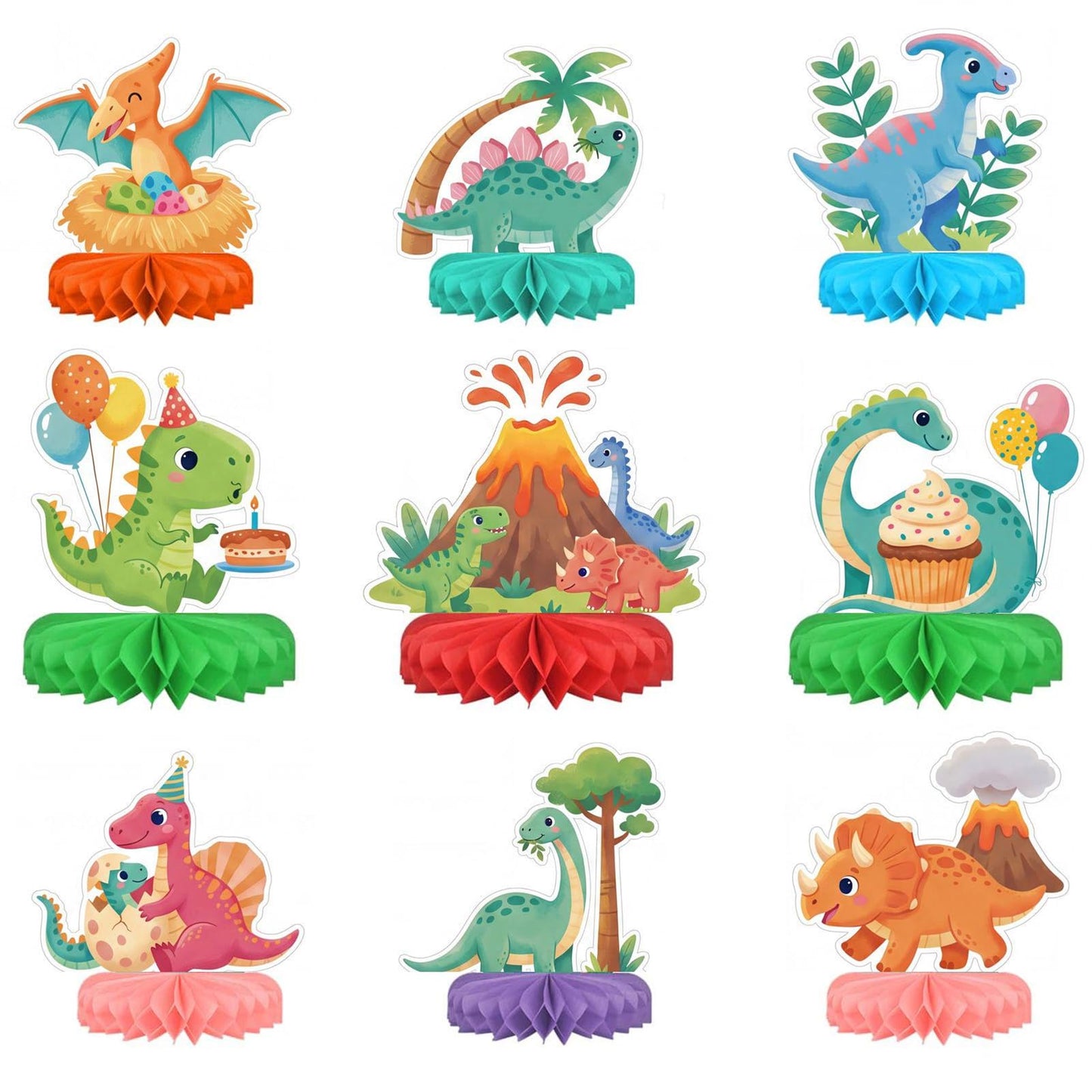 9 PCS Dinosaur Birthday Party Decorations Set with 3D Honeycomb Centerpiece and Balloons, Prehistoric Themed Table Decor for Adults, Dino Party