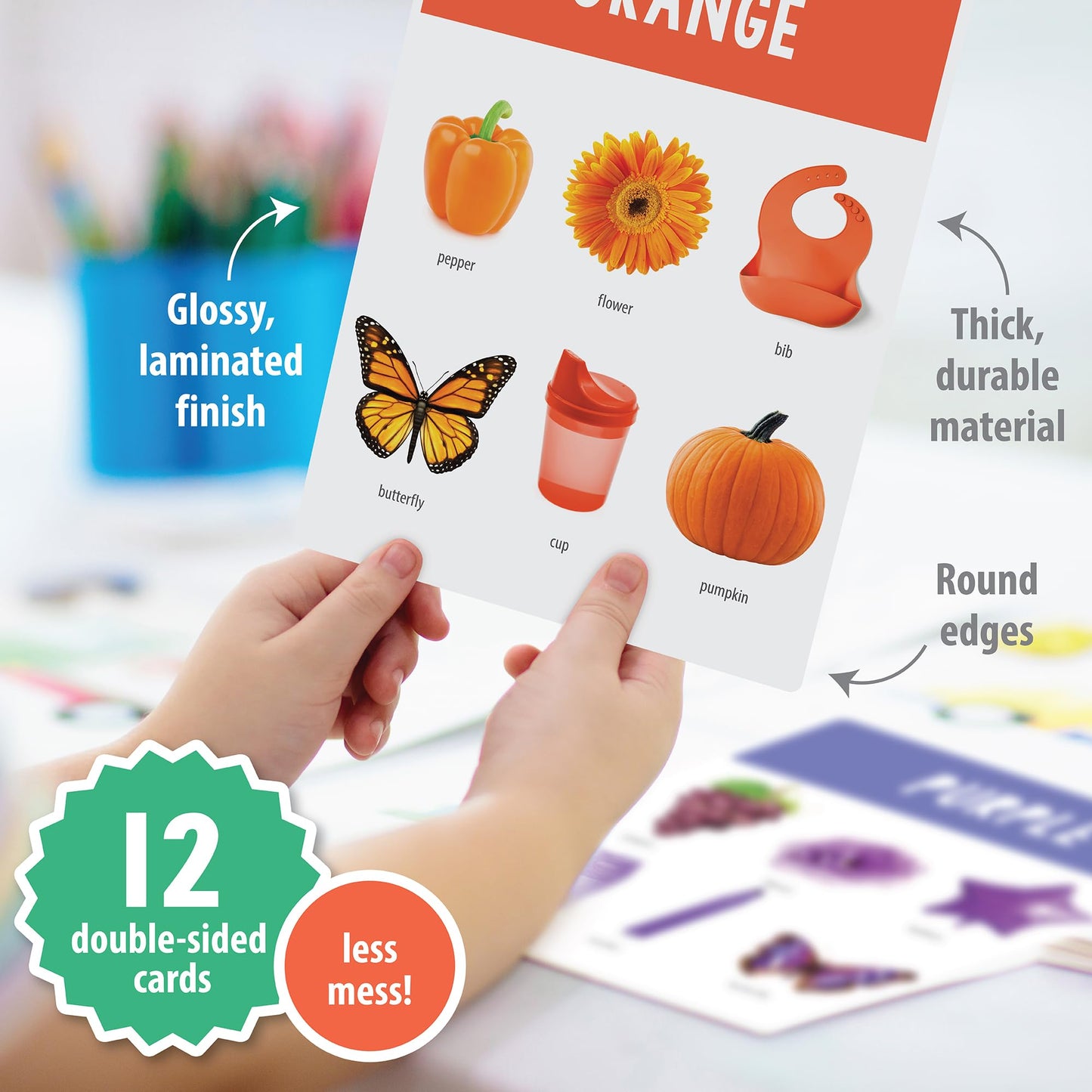 Jumbo Focus Cards™ Made in USA. 12ct Extra-Large Flash Cards - 12 Months+. Colors, Animals, Food & Objects. 7.5" x 10". Over 140 Photos. Used by