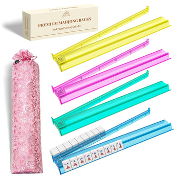 BASALTIX Mahjong Racks with Pushers - Set of 4 Clear Acrylic Mahjong Racks and Bag for American Mahjongg Accessories (Transparent)