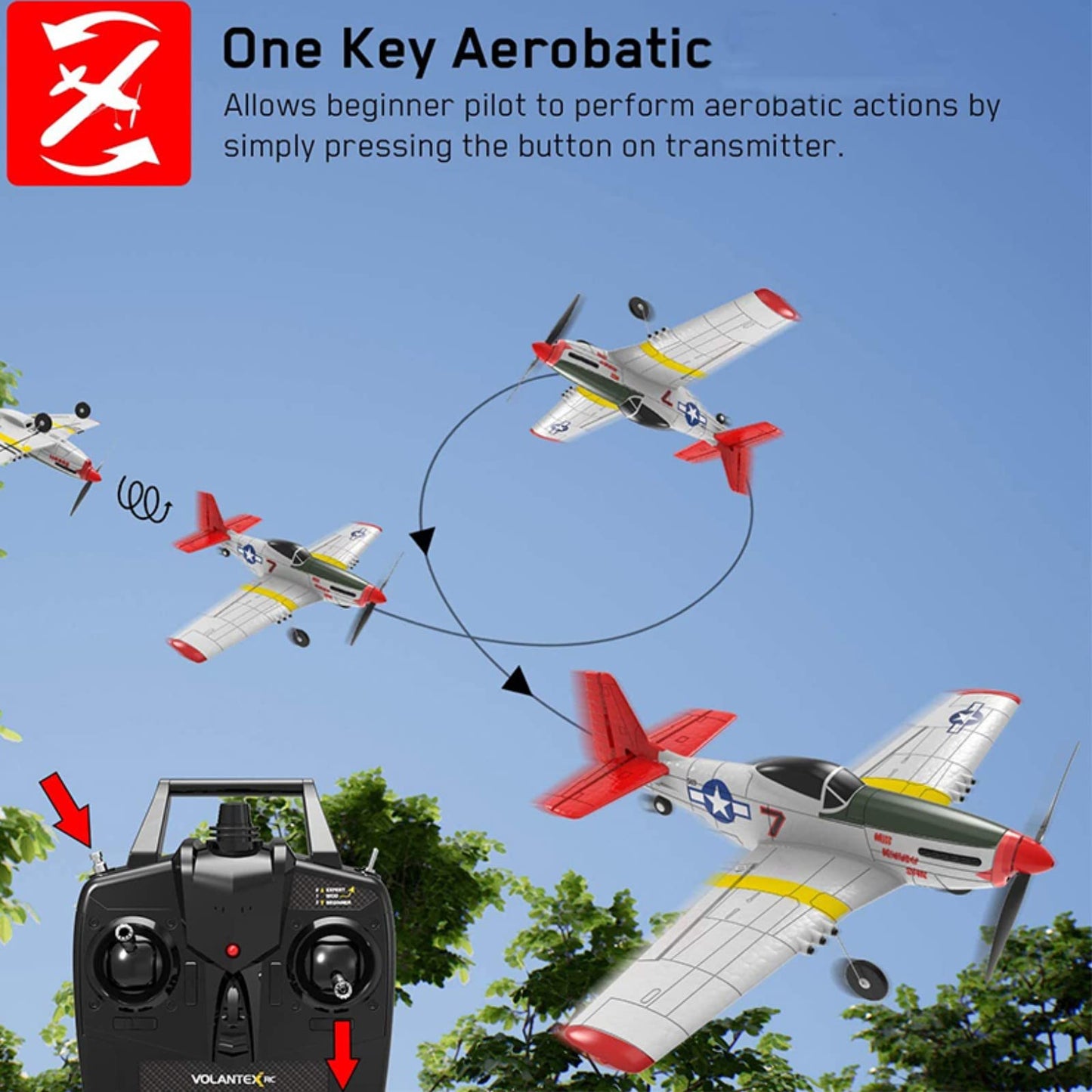 HTLNUZD Remote Control Aircraft Plane 4 Channels 768-1P51D, Wingspan EPO Warbird Radio One Key Aerobatic Controlled Plane RTF
