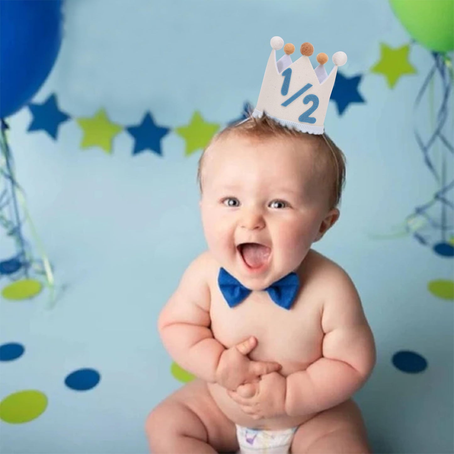 BASCT Blue and Cream 1/2 Birthday Hat for Baby Boys - Halfway to One Birthday Crown, Light Blue Felt Number Half Bday Decorations, 6 Months Milestone