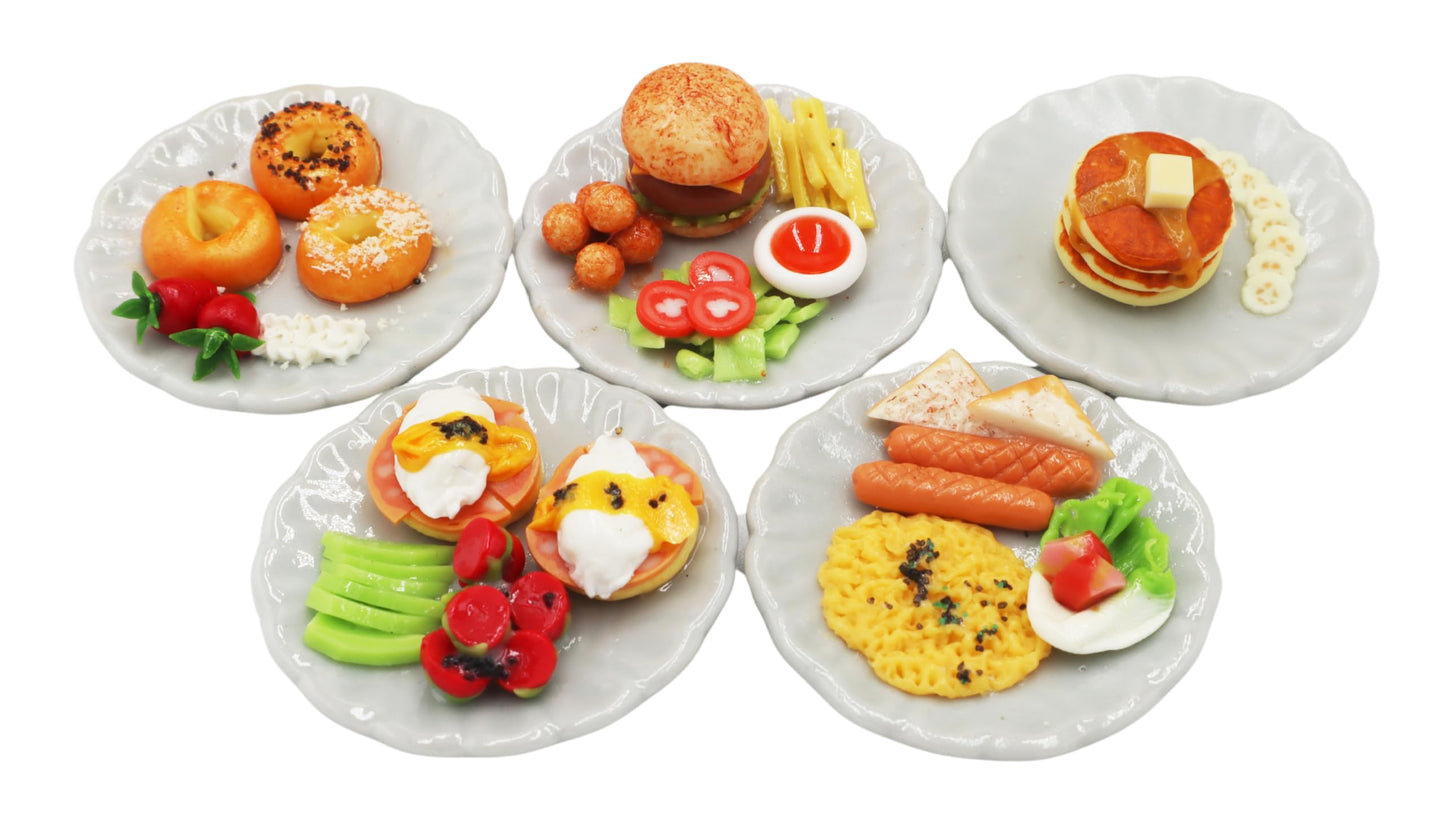 5 Pieces Burger, Egg Benedict,Omelet,Bagels and Pancake Dollhouse Miniatures Food Breakfast Miniatures Food Set On Ceramic Plate for Home Kitchen