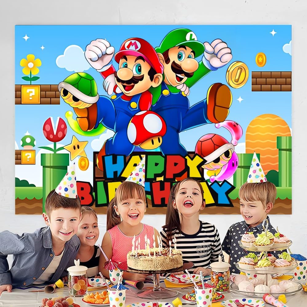 Mario Wall Decor Backdrop for Kids Birthday Decorations, Mario Banner for Birthday Party Supplies (5x3ft)