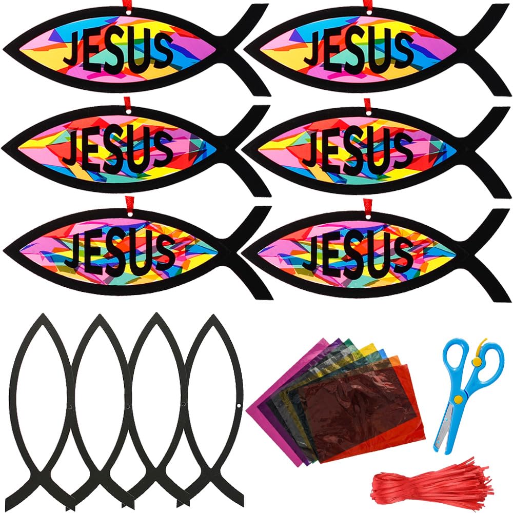 Lanxitown 24 Sets DIY Christian Jesus Fish Craft Kit Christian Crafts for Kids Window Art Kit Stained Glass Kit Suncatcher Kits for Kids Sunday School