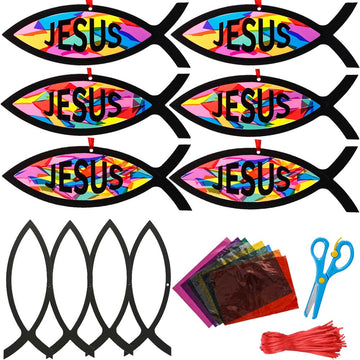 Lanxitown 24 Sets DIY Christian Jesus Fish Craft Kit Christian Crafts for Kids Window Art Kit Stained Glass Kit Suncatcher Kits for Kids Sunday School