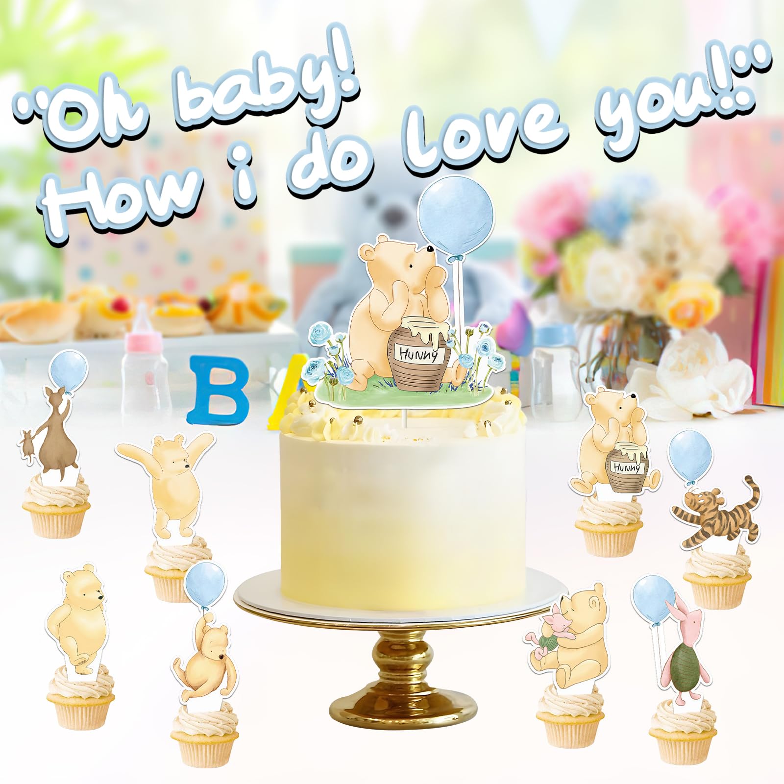 Winnie Cake Topper with Cupcake Toppers for Baby Shower Decorations for Boys Winnie Cake Cupcake Decorations Birthday Party Supplies 25Pcs