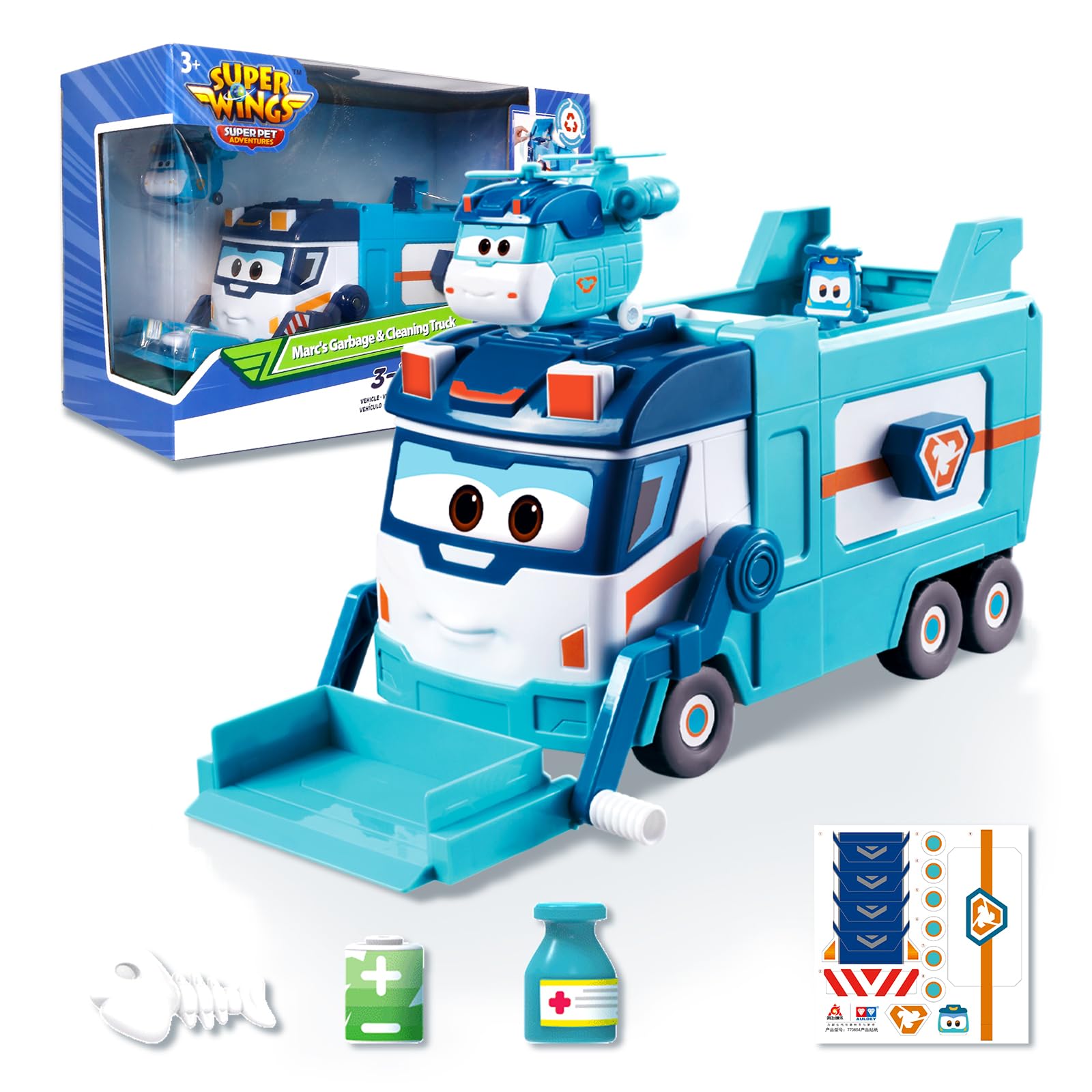 Super Wings Garbage Truck, Large Trash Marc and Cleaning Helicopter Shine Recycling Dump Play Set, Vehicle Learning Toys Set, Street Sweeper Cars Toys