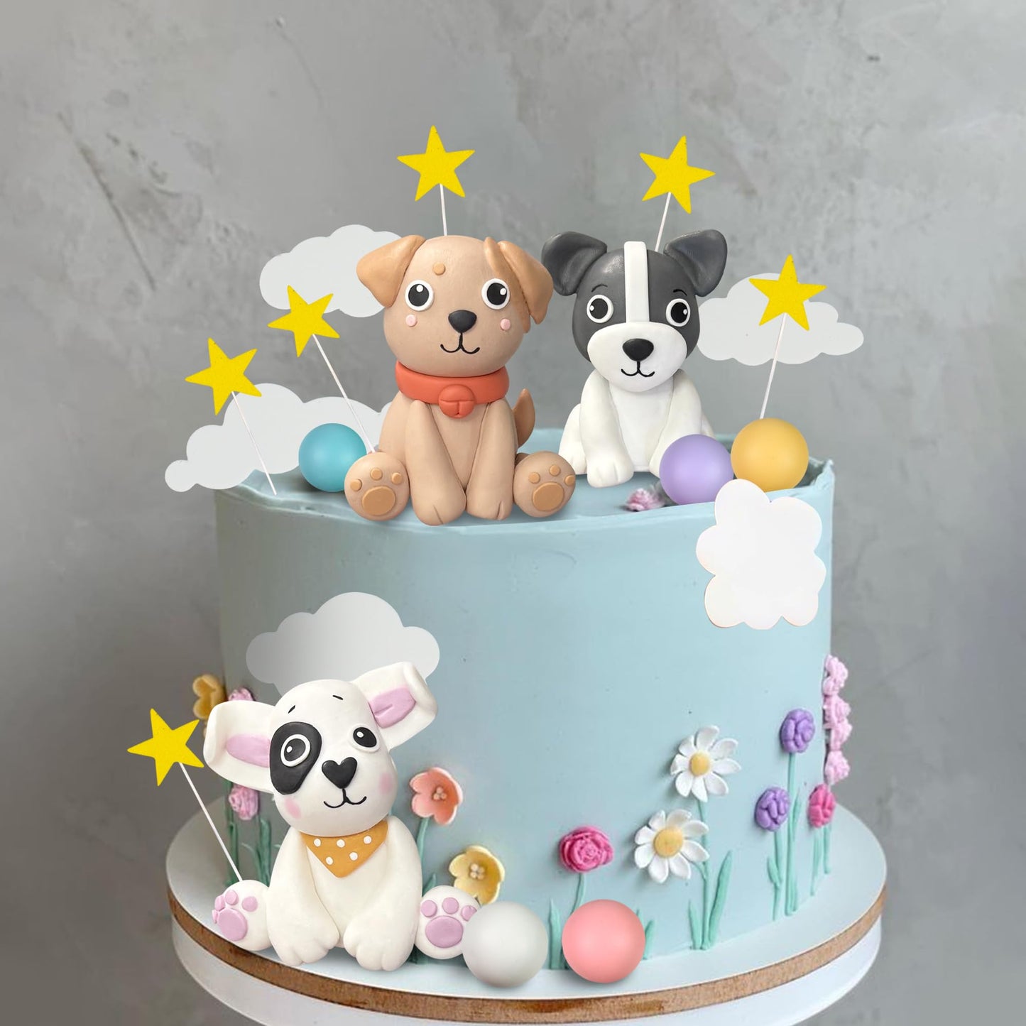 Dog Cake Topper Clay Dog Figurines Star Cloud Ball Cake Toppers Decorations for Dog Theme Paw Cute Pet Decoration Supplies