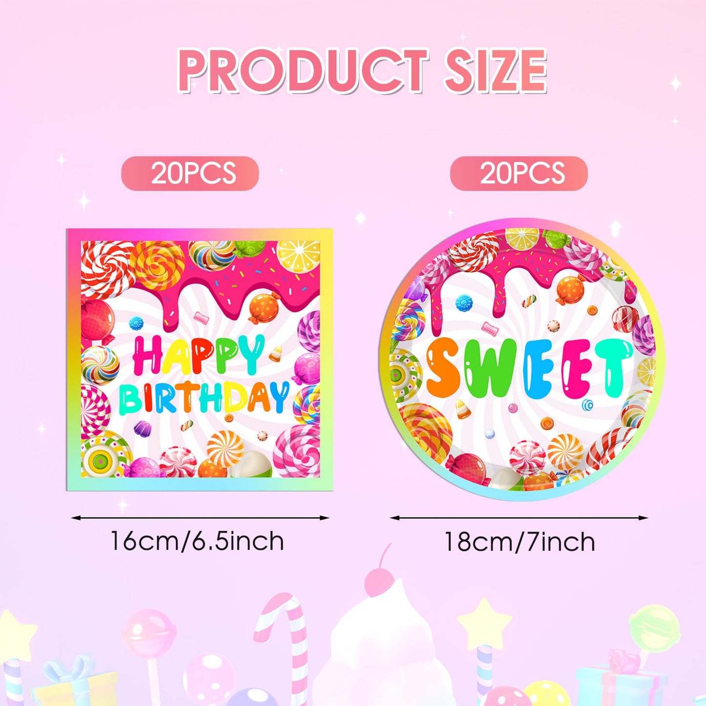 40Pcs Candyland Party Decorations Candy Paper Plates & Napkins, for Candy Land Birthday Party Decorations & Lollipop Themed Tableware Set Sweet