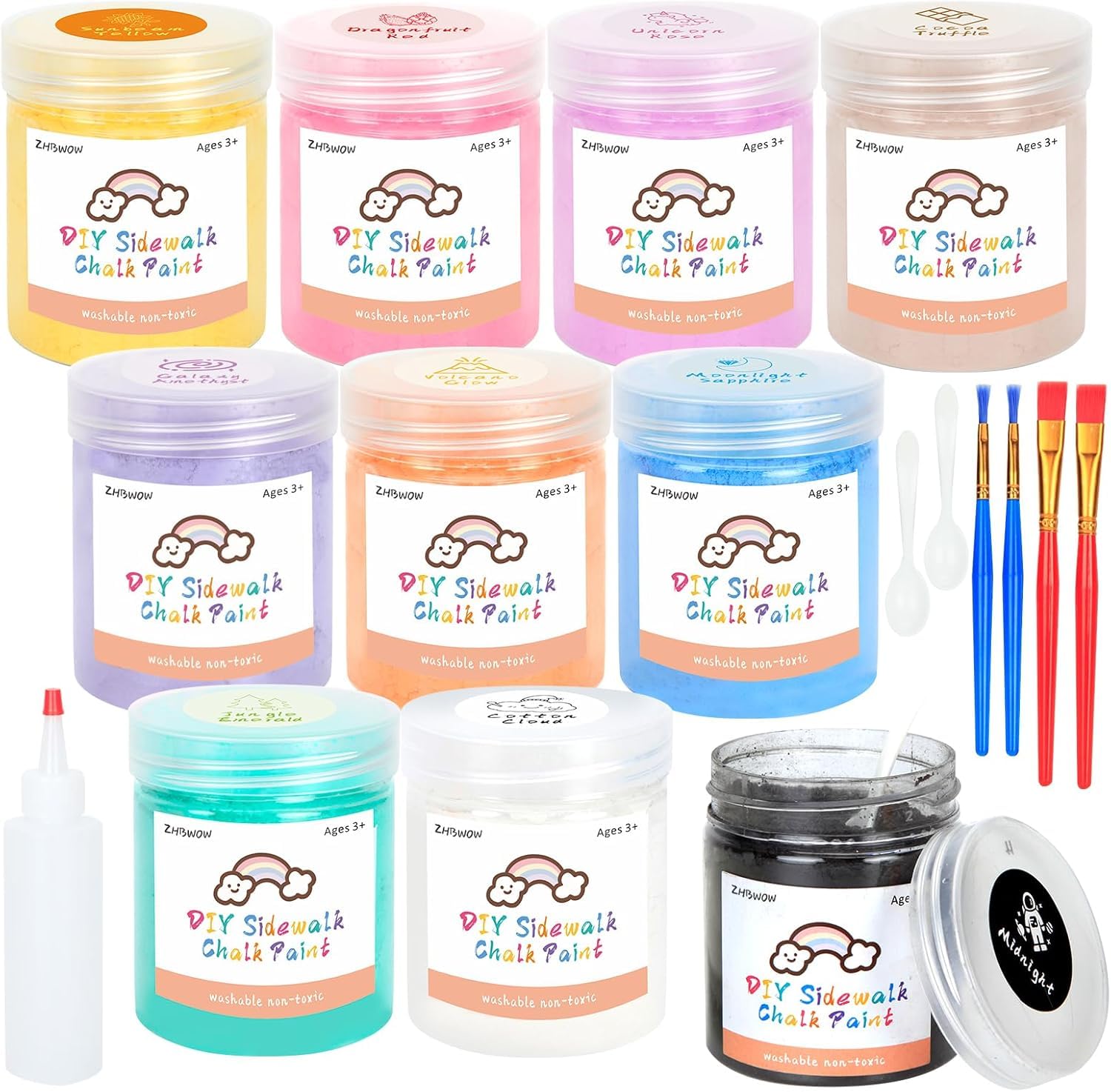 ZHBWOW Washable Chalk Paint Kit - 10 Colors Non-Toxic Powder Kids Safe Art Supplies | Dustless Spray and Paintbrush for Sidewalk/Chalkboard | Quick