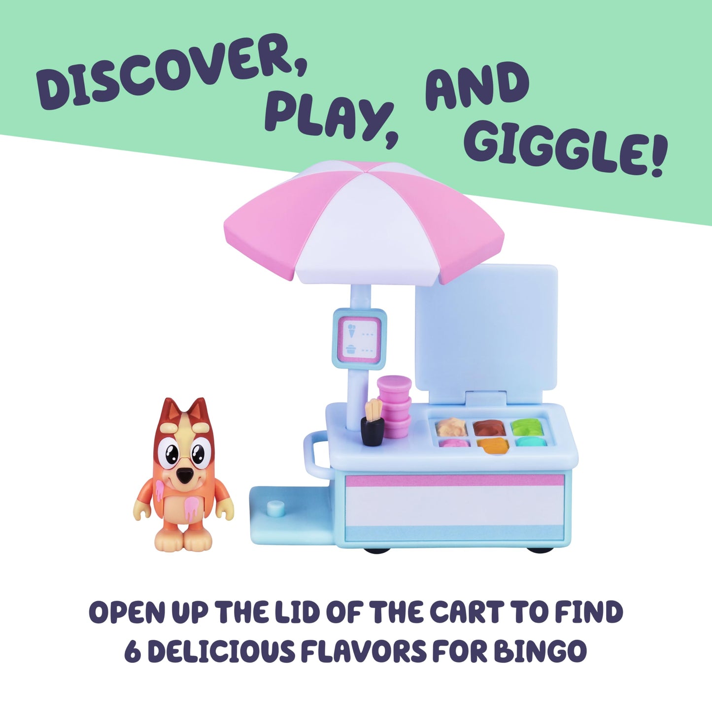 Bluey Vehicle & Figures Ice Cream Cart Toy Playset, Portable Ice Cream Push Cart with 2.5” Articulated Bingo Figure, Play Food Truck for Kids Ages 3+