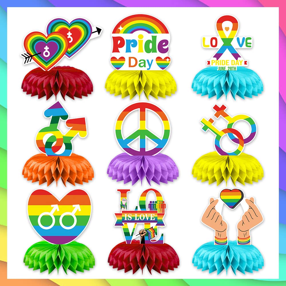 9PCS Pride Honeycomb Table Centerpiece Pride Day Decorations Rainbow Honeycomb Centerpiece LGBT Love is Love 3D Table Toppers Centerpiece Signs