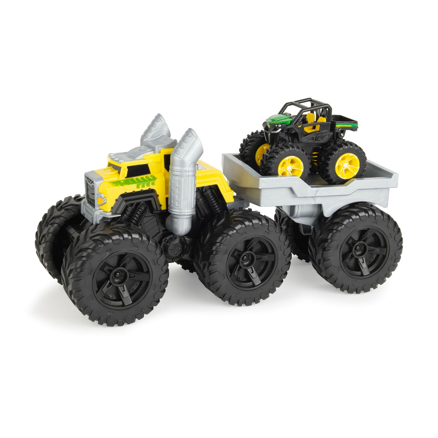 TOMY Monster Treads John Deere Roaring Rev Up Hauler Monster Truck Toy Set - Includes Monster Truck, Trailer, and John Deere Gator - Construction Toys
