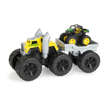 TOMY Monster Treads John Deere Roaring Rev Up Hauler Monster Truck Toy Set - Includes Monster Truck, Trailer, and John Deere Gator - Construction Toys