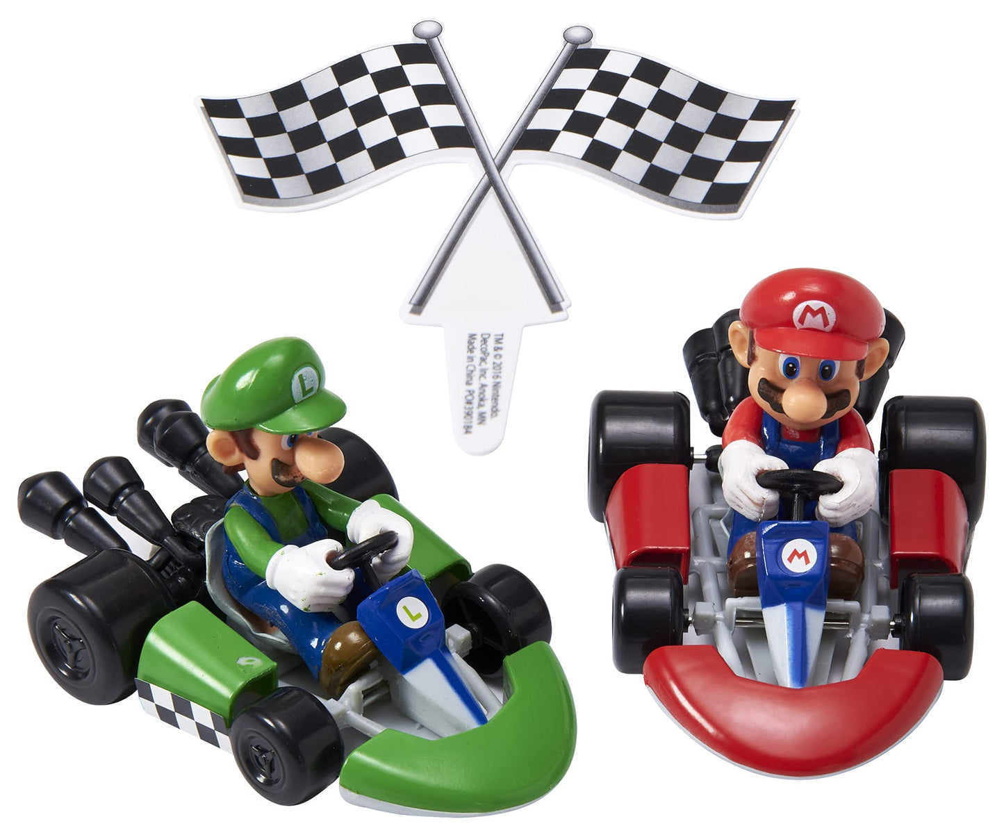 DecoSet® Mario Kart™ Cake Topper, 3 Piece Cake Decoration with Race Kart Toppers & Checkered Flag Decoration, Collectible Character Karts for Hours