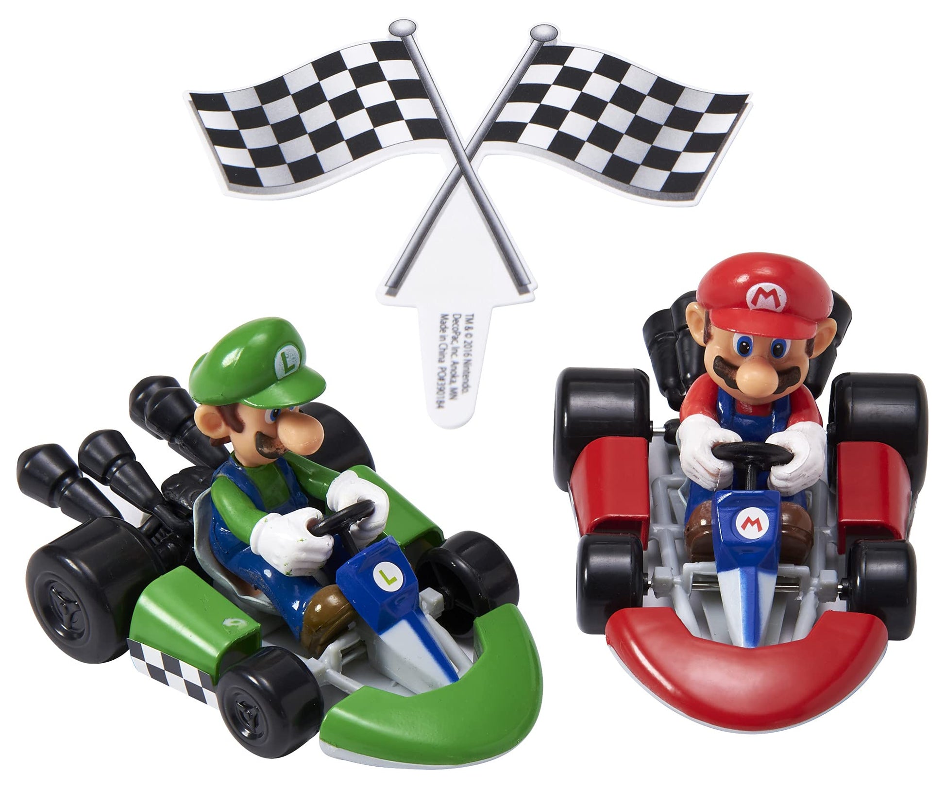 DecoSet® Mario Kart™ Cake Topper, 3 Piece Cake Decoration with Race Kart Toppers & Checkered Flag Decoration, Collectible Character Karts for Hours
