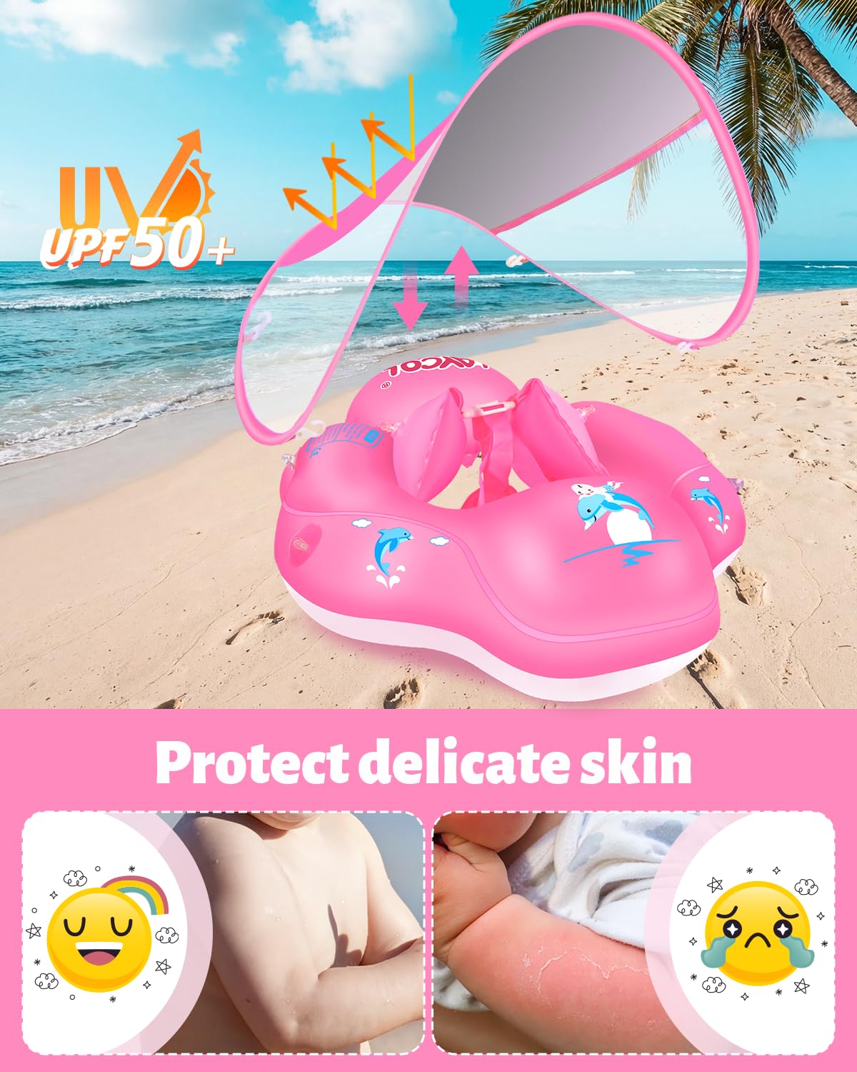 LAYCOL Baby Pool Float with Canopy UPF50+, 5 Point Safety Buckle No Flip Over, Inflatable Toddler Floaties Infant Pool Floats with Double Air