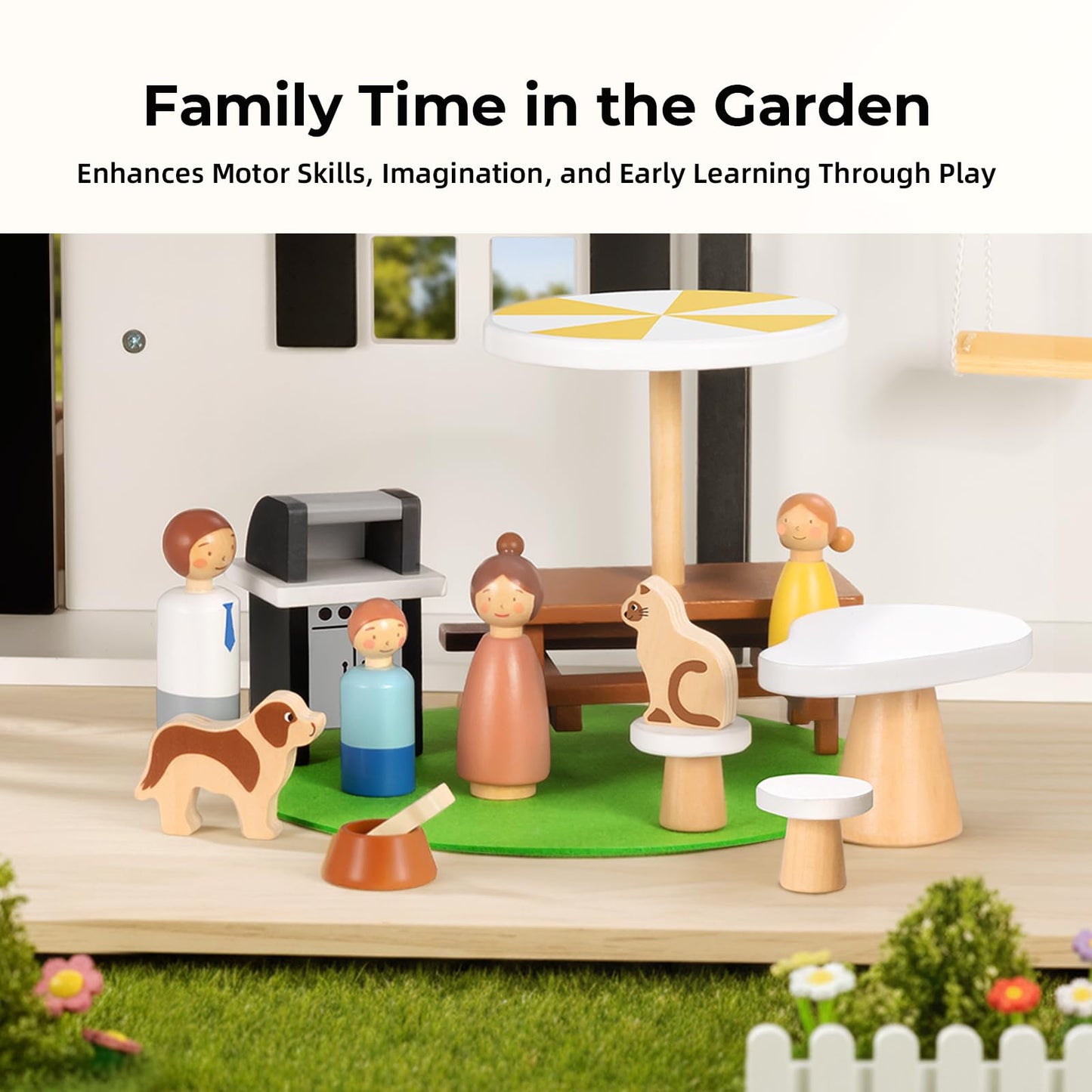 OOOK Wooden Dollhouse, Modern Doll House with 66Pcs Luxurious Furniture Accessories, Including Dolls and Pet Sets, Wood Dollhouse Toy for Boys