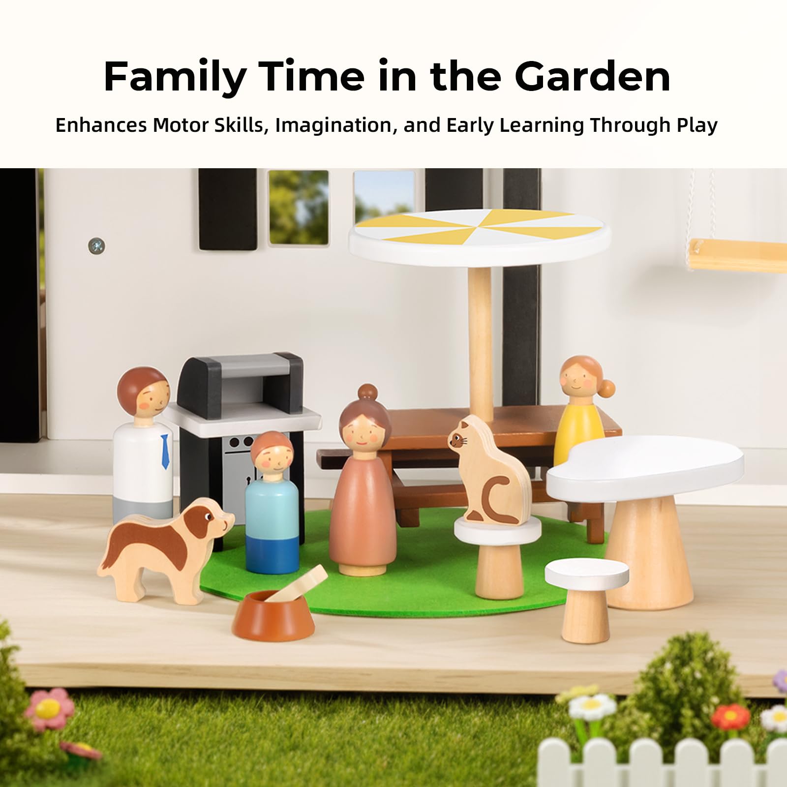 OOOK Wooden Dollhouse, Modern Doll House with 66Pcs Luxurious Furniture Accessories, Including Dolls and Pet Sets, Wood Dollhouse Toy for Boys