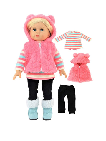American Fashion World Coral Bear Vest Pants Set for 18-Inch Dolls | 3 Piece | Premium Quality & Trendy Design