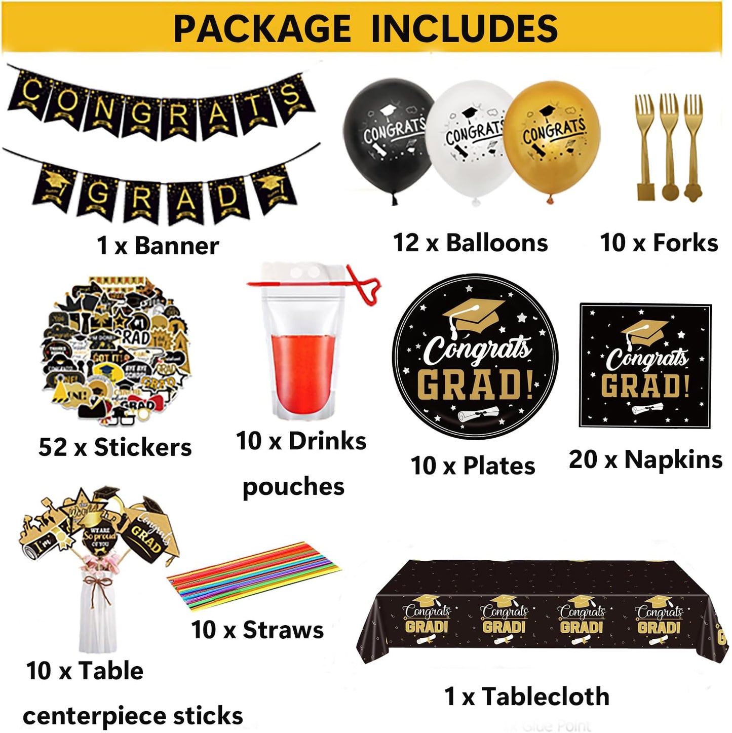 Graduation Party Decorations 126Pcs Black Gold Congrats Grad Dinnerware Party Supplies Includes Tableware Balloons Tablecloth Banner DIY Drink Pouches