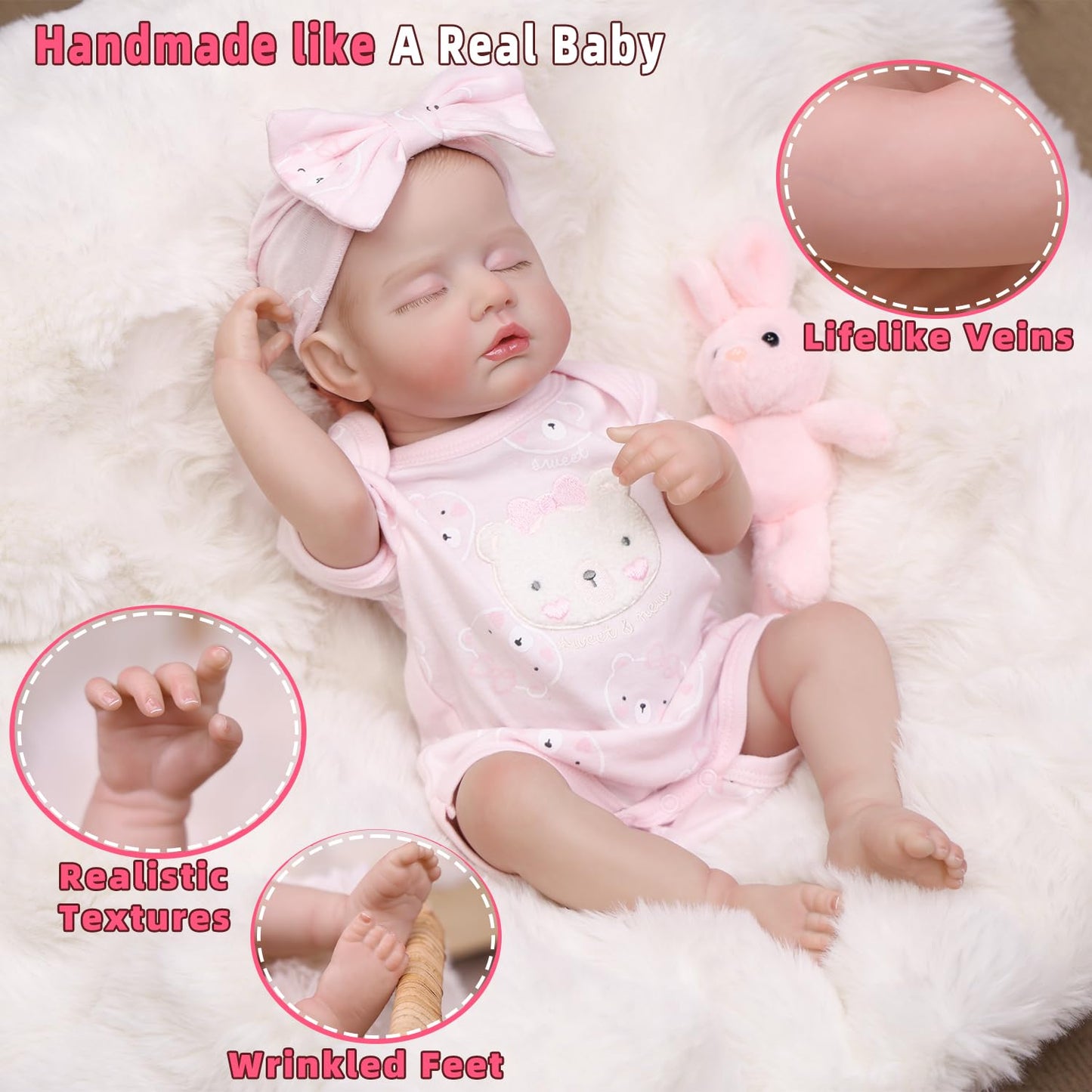 Tookyhill 18 Inch Realistic Reborn Baby Doll - Sleeping Lifelike Newborn Doll Girl with Closed Eyes, Soft Full Vinyl Body, Pink Bear Outfit & Headband
