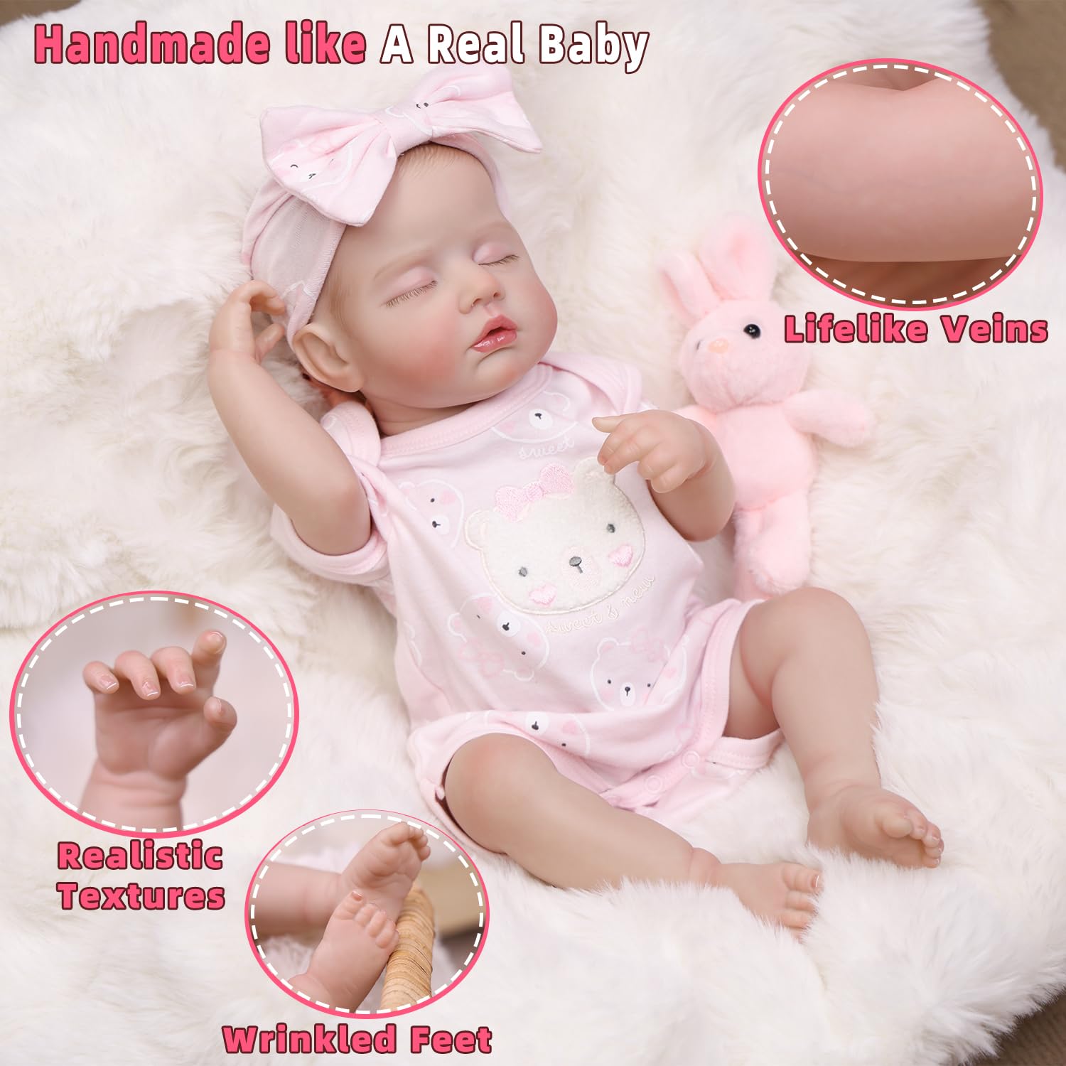 Tookyhill 18 Inch Realistic Reborn Baby Doll - Sleeping Lifelike Newborn Doll Girl with Closed Eyes, Soft Full Vinyl Body, Pink Bear Outfit & Headband