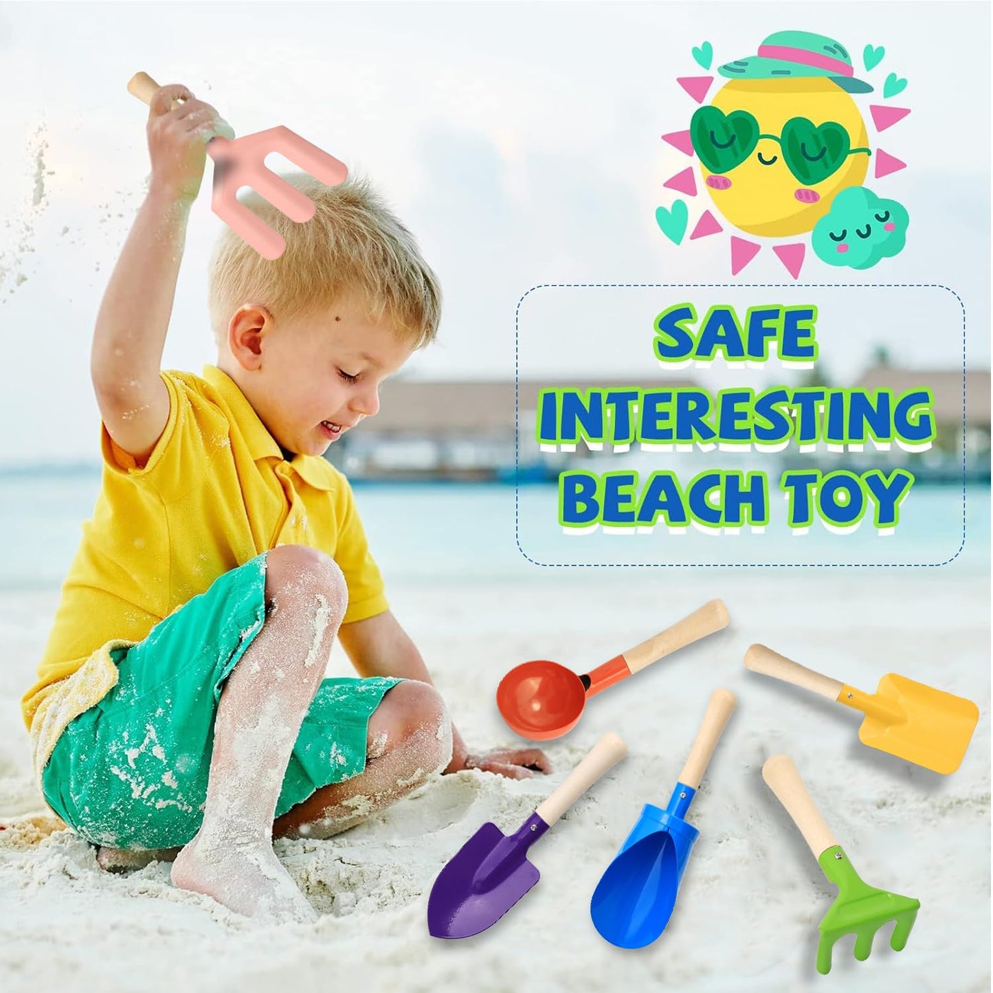 6 PCS 8" Kids Gardening Tools, Metal Beach Sandbox Digging Toys with Sturdy Wooden Handle, Safe Backyard Snow Sensory Playset Including Cylinder