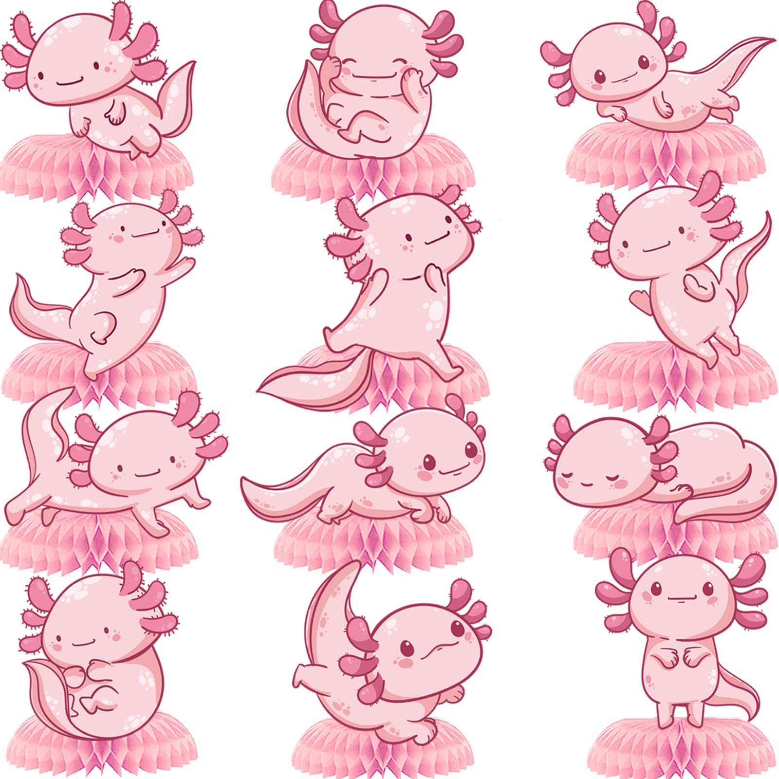 12Pcs Axolotl Happy Birthday Honeycomb Centerpiece Pink Glitter Aquatic Creature Pretty Hexagonal Dinosaur Party Decoration Coral Ocean Sea Fish