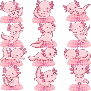 12Pcs Axolotl Happy Birthday Honeycomb Centerpiece Pink Glitter Aquatic Creature Pretty Hexagonal Dinosaur Party Decoration Coral Ocean Sea Fish