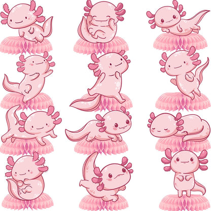 12Pcs Axolotl Happy Birthday Honeycomb Centerpiece Pink Glitter Aquatic Creature Pretty Hexagonal Dinosaur Party Decoration Coral Ocean Sea Fish