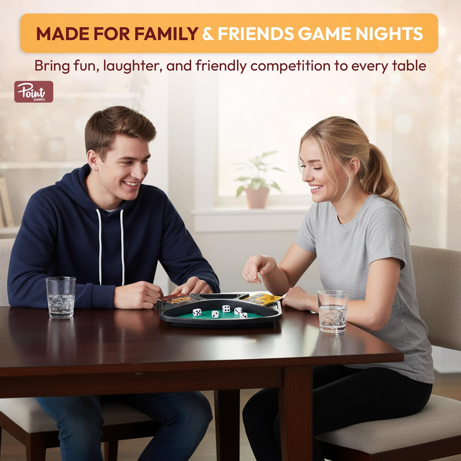 Point Games Poker Deluxe Dice Set - Fast Strategy Tabletop Game for Kids & Adults, Includes Rolling Tray, 5 Dice, 36 Challenge Cards & 114 Chips, Ages