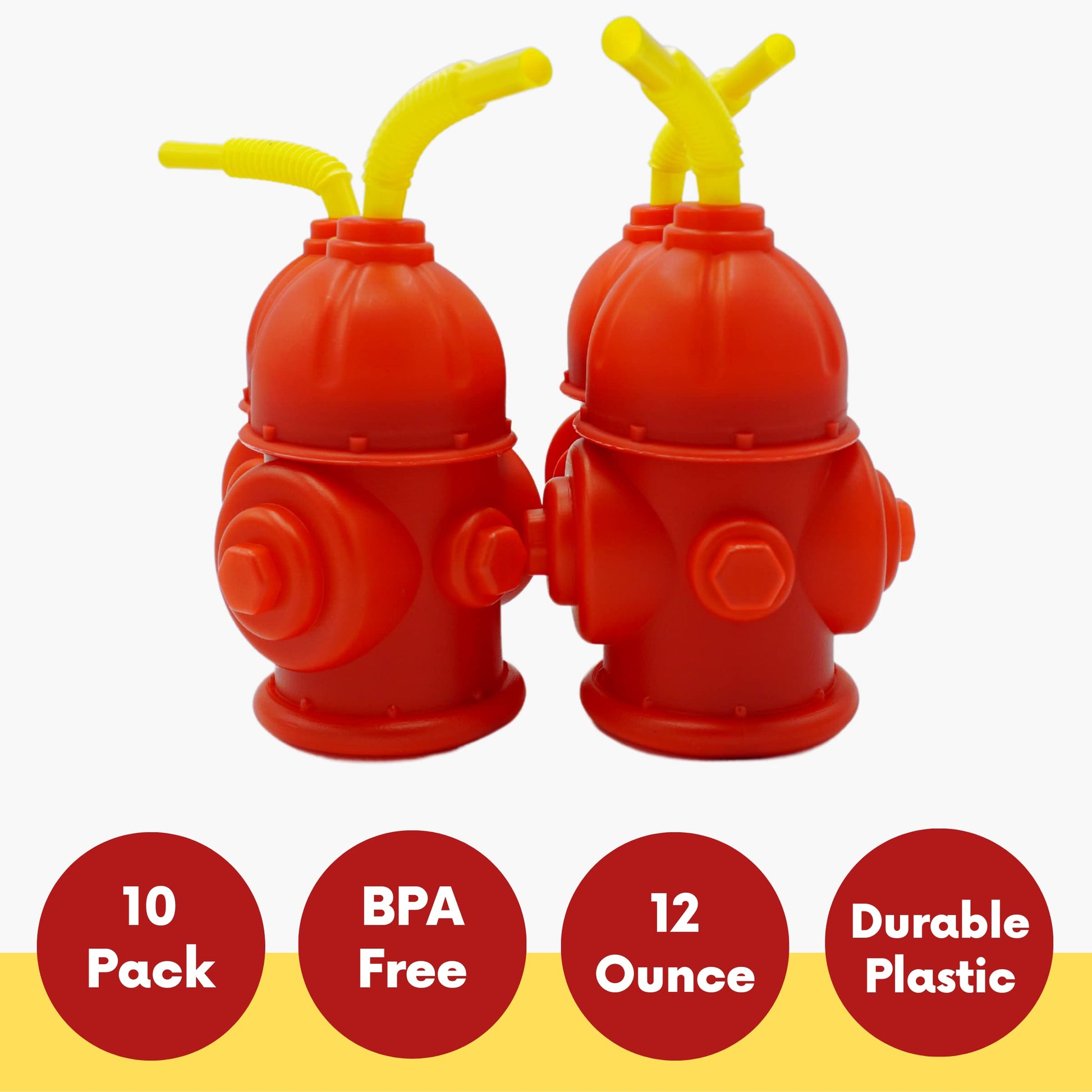 4E's Novelty Fire Hydrant Straw Cups With Lids (10 Pack) 12oz - For Paw Dog Patrol, Firefighter Birthday Party Favors, Firetruck Fireman Party