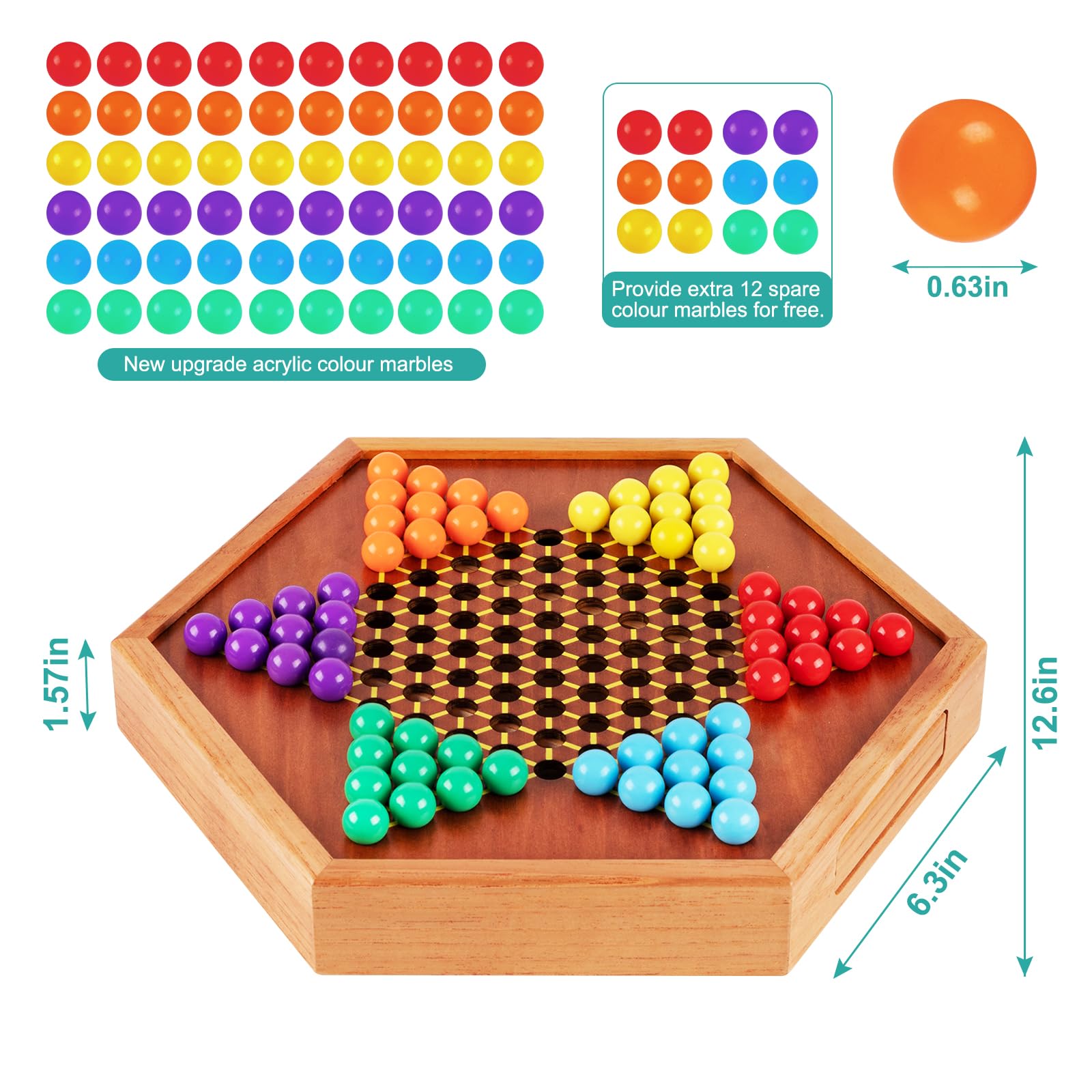 HOLYKING 12.6" Wooden Chinese Checkers Board Game with Storage Drawer - 72 Acrylic Marbles (60+12 Spares), Classic Strategy Game for Family Night, 2-6