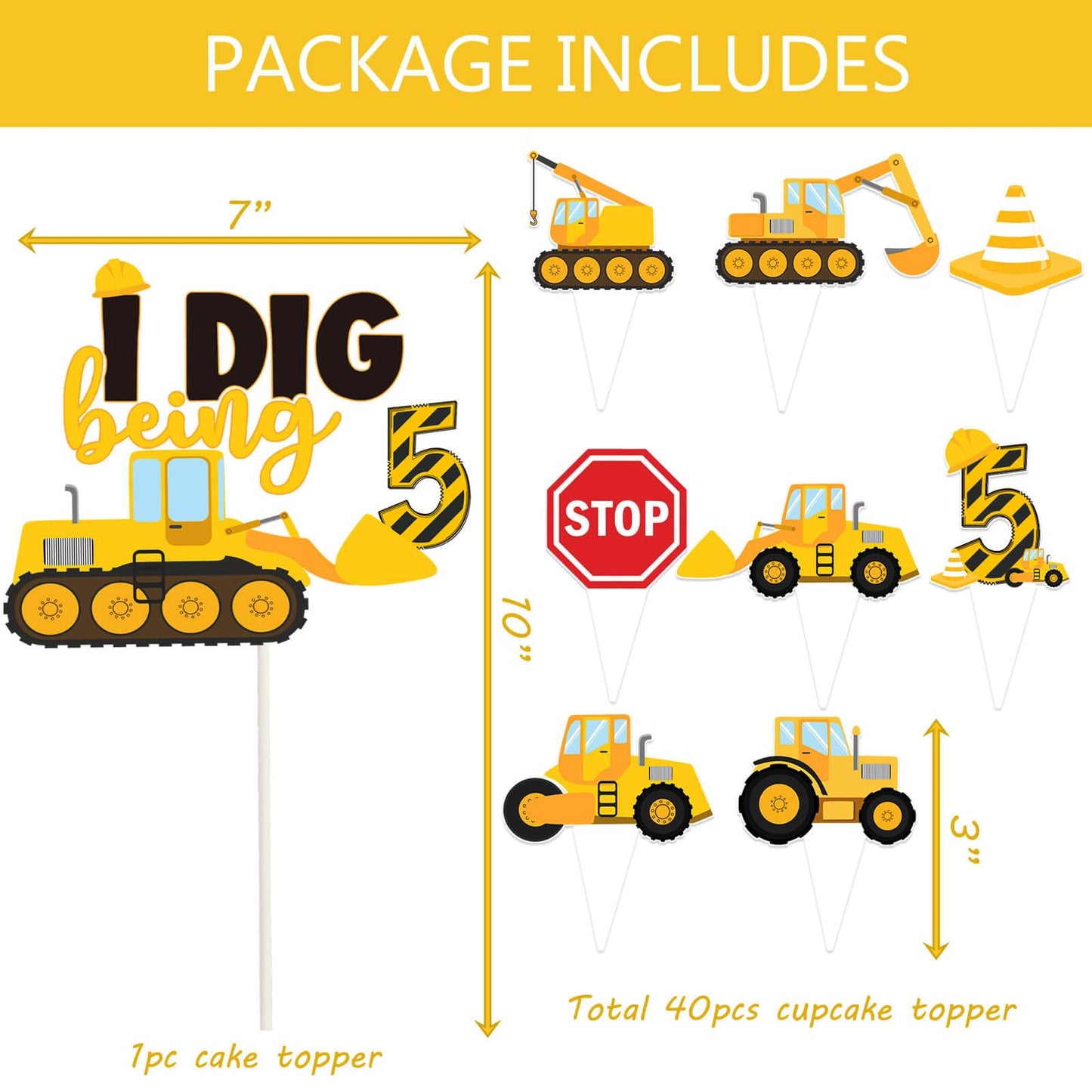 210 Pcs Construction 5th Birthday Decorations - Includes Plates Napkins Cups Cake Cupcake Toppers Banner Hanging Swirls Tablecloths Balloons