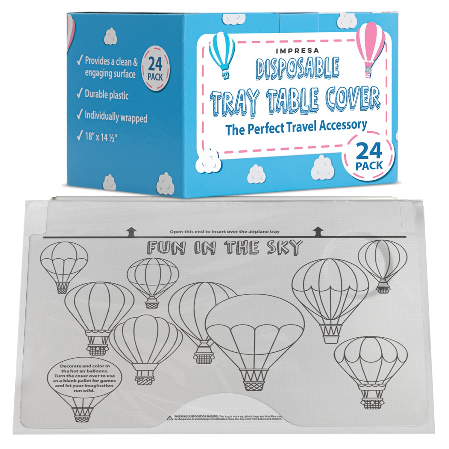 Impresa Disposable Airplane Table Cover - Pack of 24, 18 x 14.5 in - Hygienic Barrier & Tray Table Covers - Creative Mat & Airplane Travel Essentials