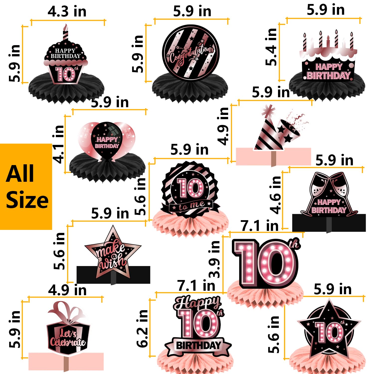 Happy 10th Birthday Rose Gold and Black Table Honeycomb Centerpieces Balloons Theme Decor Table Decorations Table Toppers for Girls Women Princess 10
