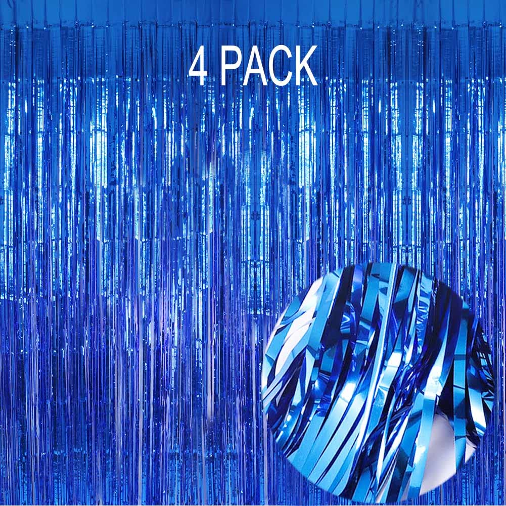 Blue Foil Fringe Curtain- 4 Pack of 3.2x8.2ft Blue Streamers Backdrop Curtains for Party Decorations