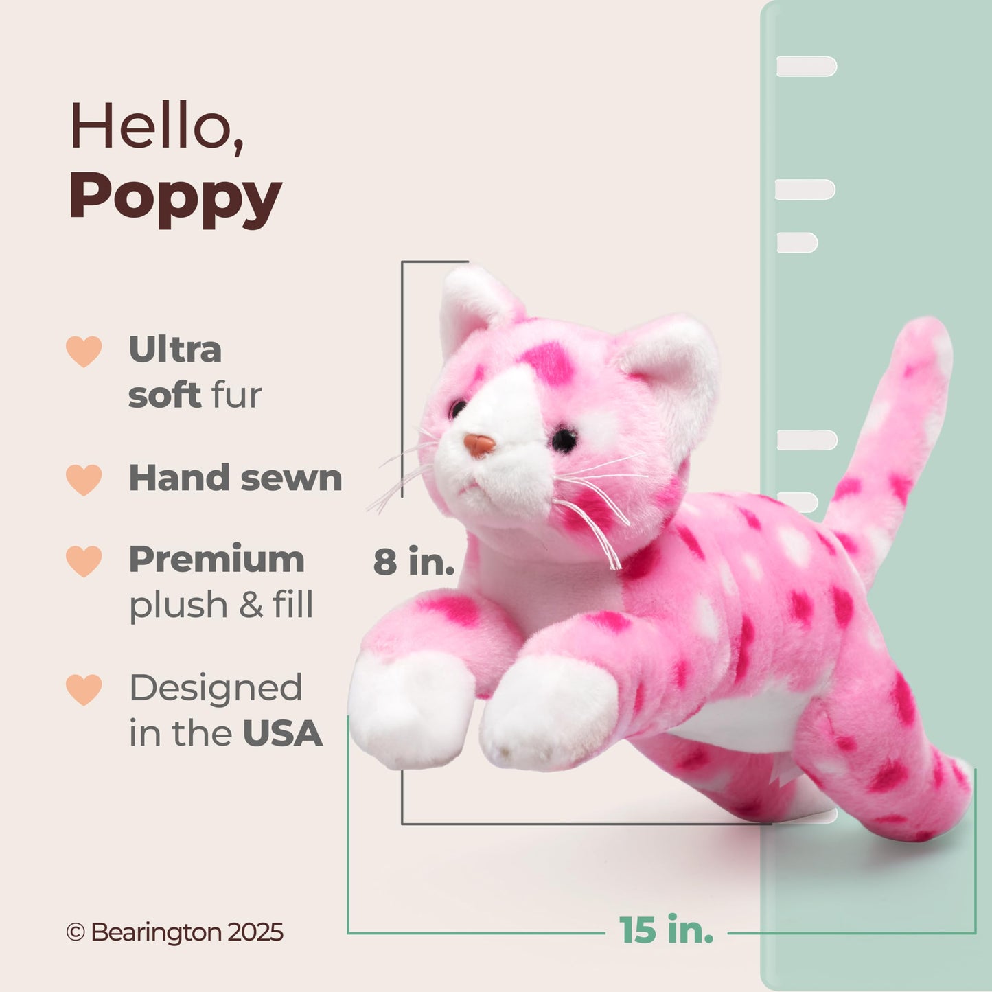 Bearington Valentine Kitty Pink Heart Print Cat Plush - Soft 9” Stuffed Animal Toy, Cute Huggable Gift for Valentine’s Day, Kids & Cat Lovers