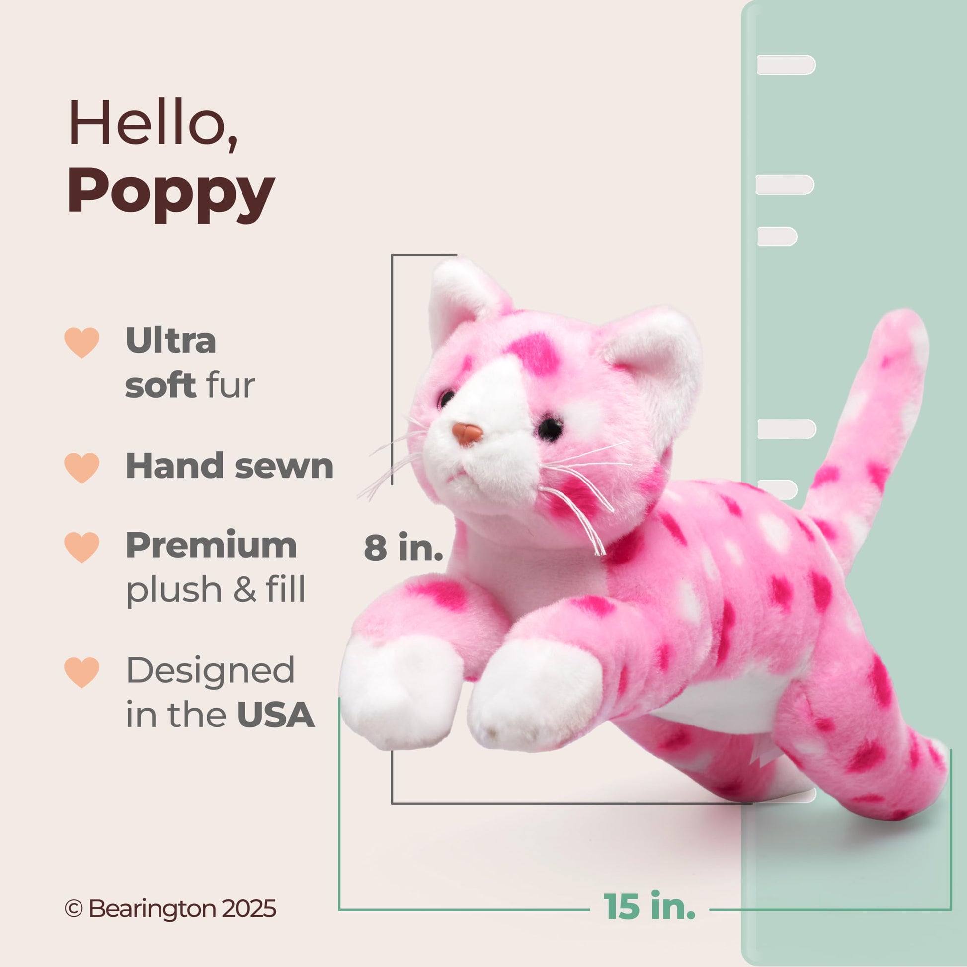 Bearington Valentine Kitty Pink Heart Print Cat Plush - Soft 9” Stuffed Animal Toy, Cute Huggable Gift for Valentine’s Day, Kids & Cat Lovers