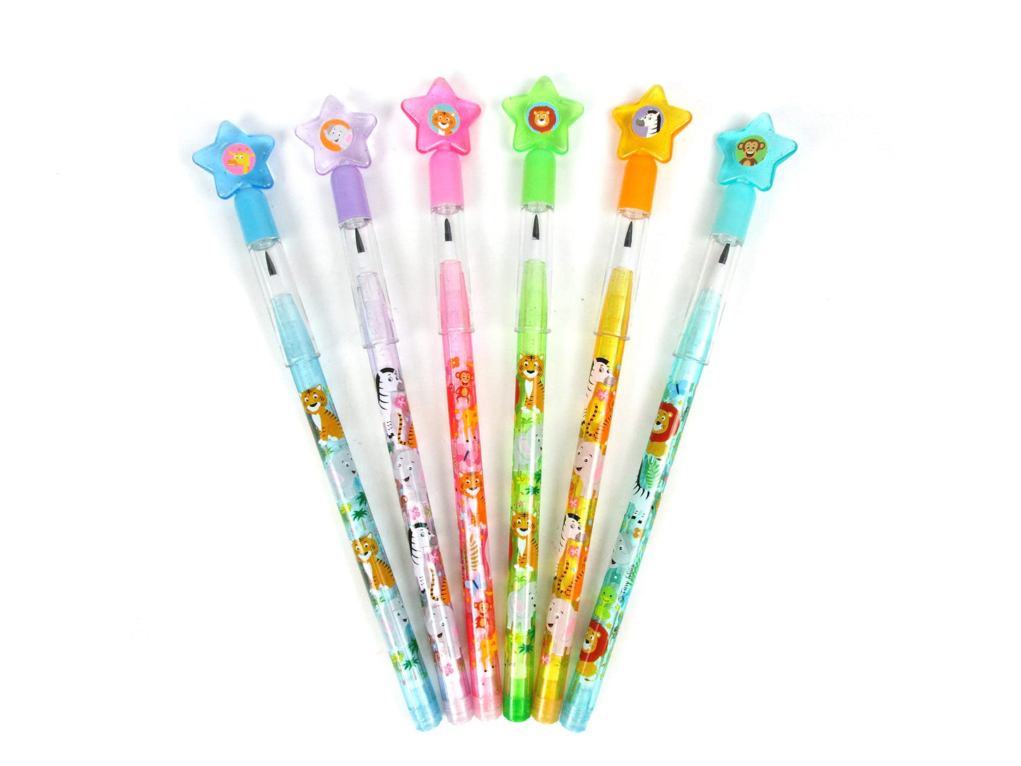 TINYMILLS 24 Pcs Safari Jungle Animals Stackable Push Pencil Assortment with Eraser for Party Favors Goodie Bag Stuffers VBS Classroom Rewards Pinata