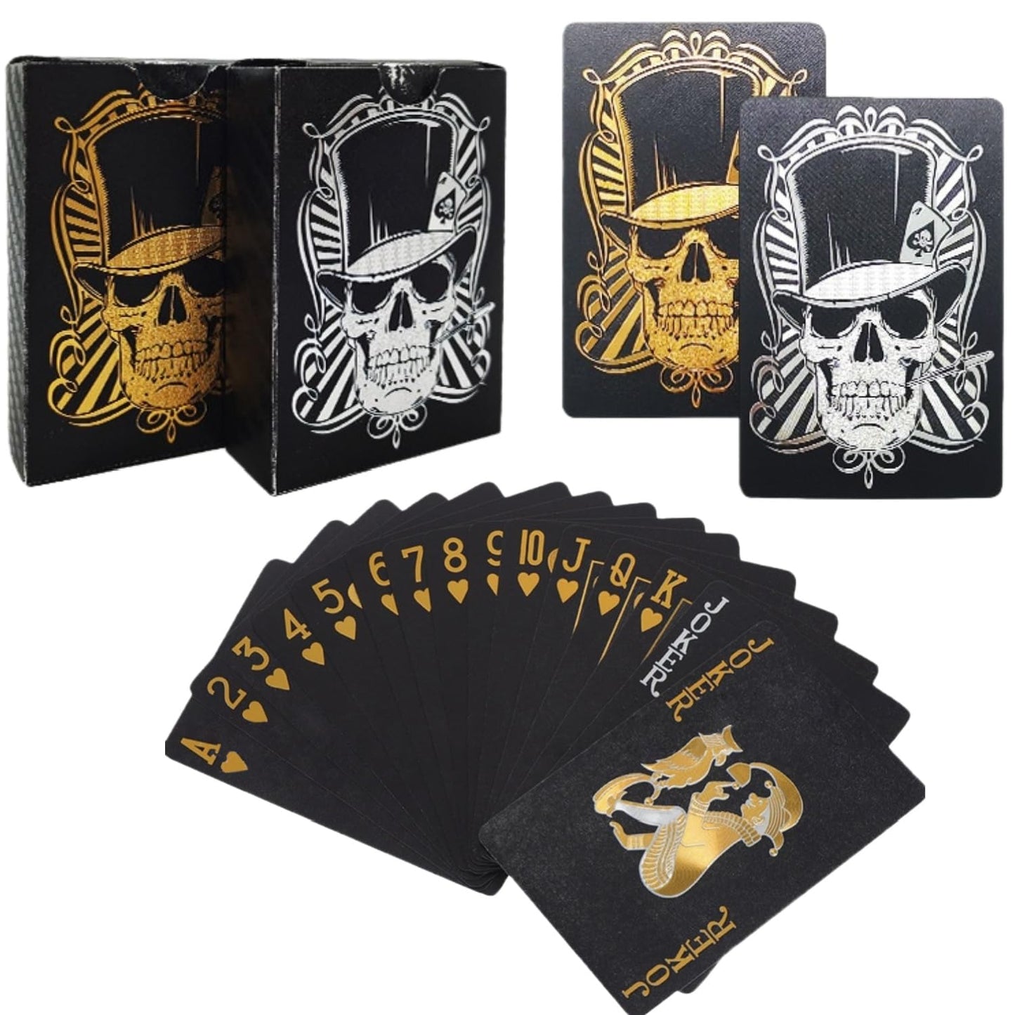 Ivymei 2 Pack Black Silver Skull Playing Cards Waterproof Poker Cards Plastic Gold Foil Poker,PVC High Flexible (Black)
