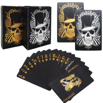 Ivymei 2 Pack Black Silver Skull Playing Cards Waterproof Poker Cards Plastic Gold Foil Poker,PVC High Flexible (Black)