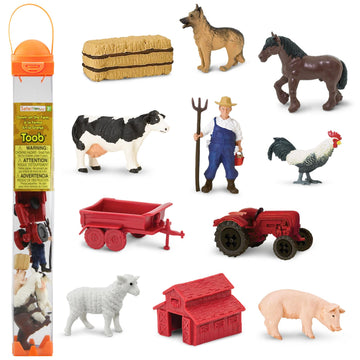 Safari Ltd. Country Farm TOOB - Figurines of Cow, Farmer, German Shepherd, Shire Horse, Rooster, Trailer, Tractor, Pig, Hay Bale, Ewe, Barn