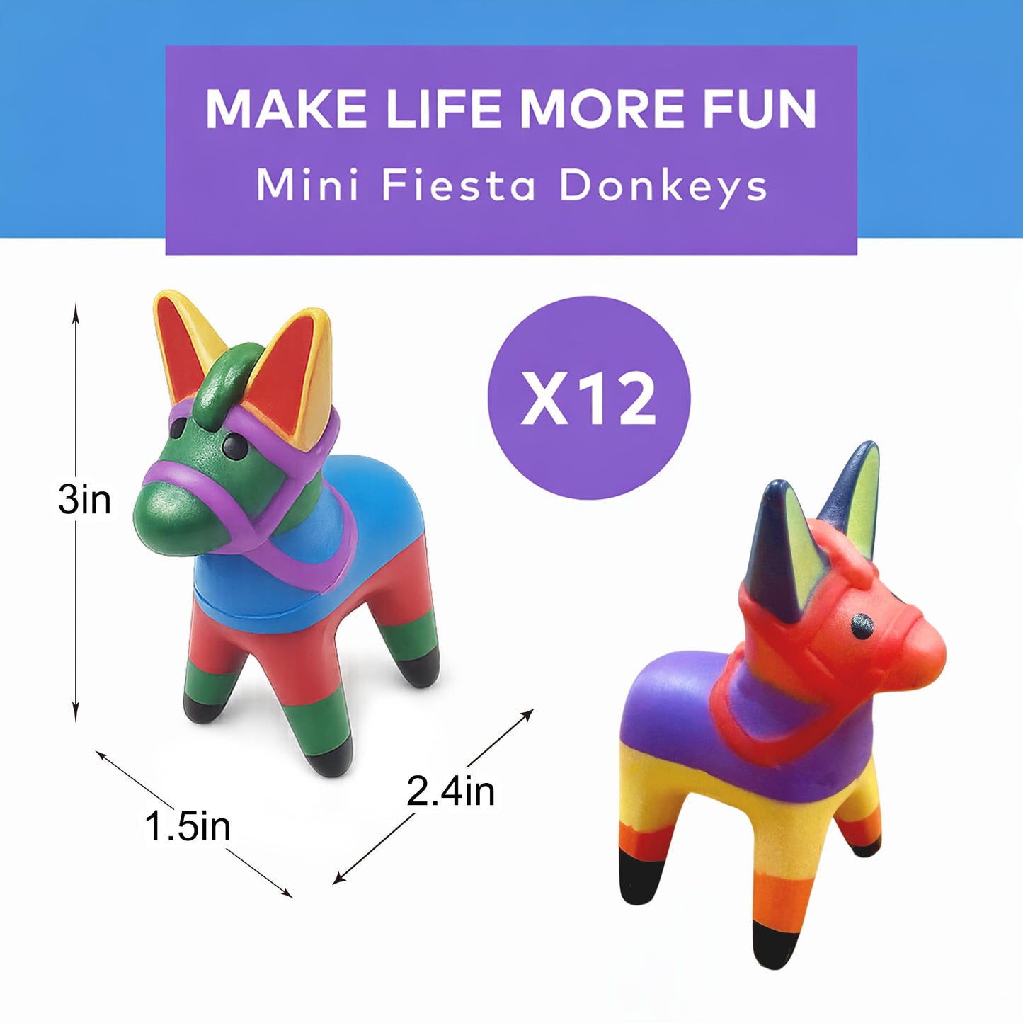 GiftExpress Fiesta Donkey Figurines, 12 Pack Mini Vinyl Rubber Donkey Ducks Toys, 3 Inch Table Decorations & Party Favors for Cinco de Mayo, Taco