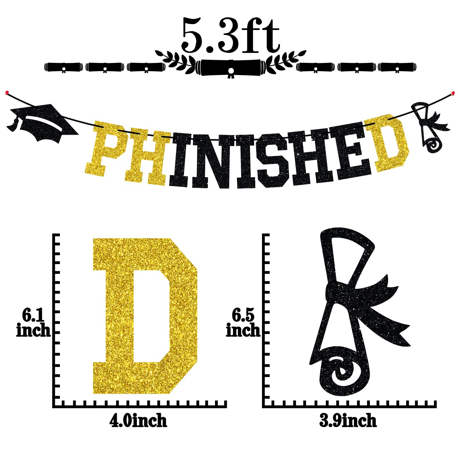Phinished Banner, Class of 2026 Master Doctor Degree, Congrats Phd College Graduation Party Decoration Supplies, Gold and Black Glitter