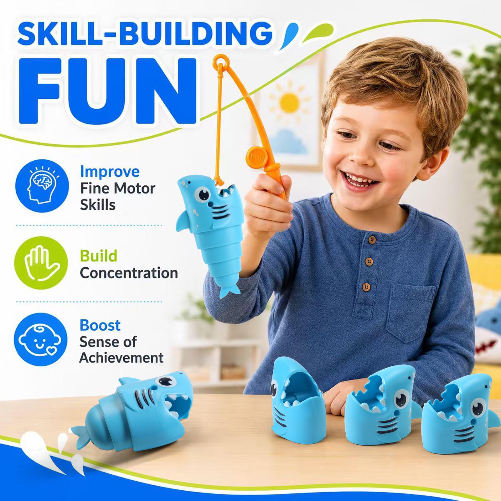 Fouwoqi Shark Fishing Game for Kids - Preschool Math Games for 3 Year Olds,Toddler Fine Motor Learning Toys,Interactive Family Board Games for Boys